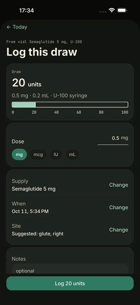 Log this draw: 20 units of Semaglutide on a U-100 syringe, with the dose in mg and a unit scale